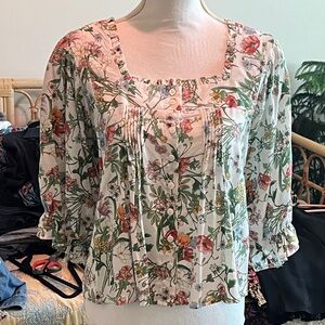Rachel.. Floral Pintuck Square-Neck Blouse - White with Green & Pink Floral